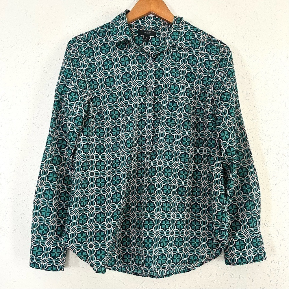 🦋 J. Crew Lattice Medallion Teal Pale Pink Long Sleeve Blouse Cotton Silk Size 4